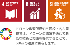 ドローン教習所愛知三河校では、ドローンの講習を通じて新たな技術と知識を提供することで、SDGs の達成に寄与します。