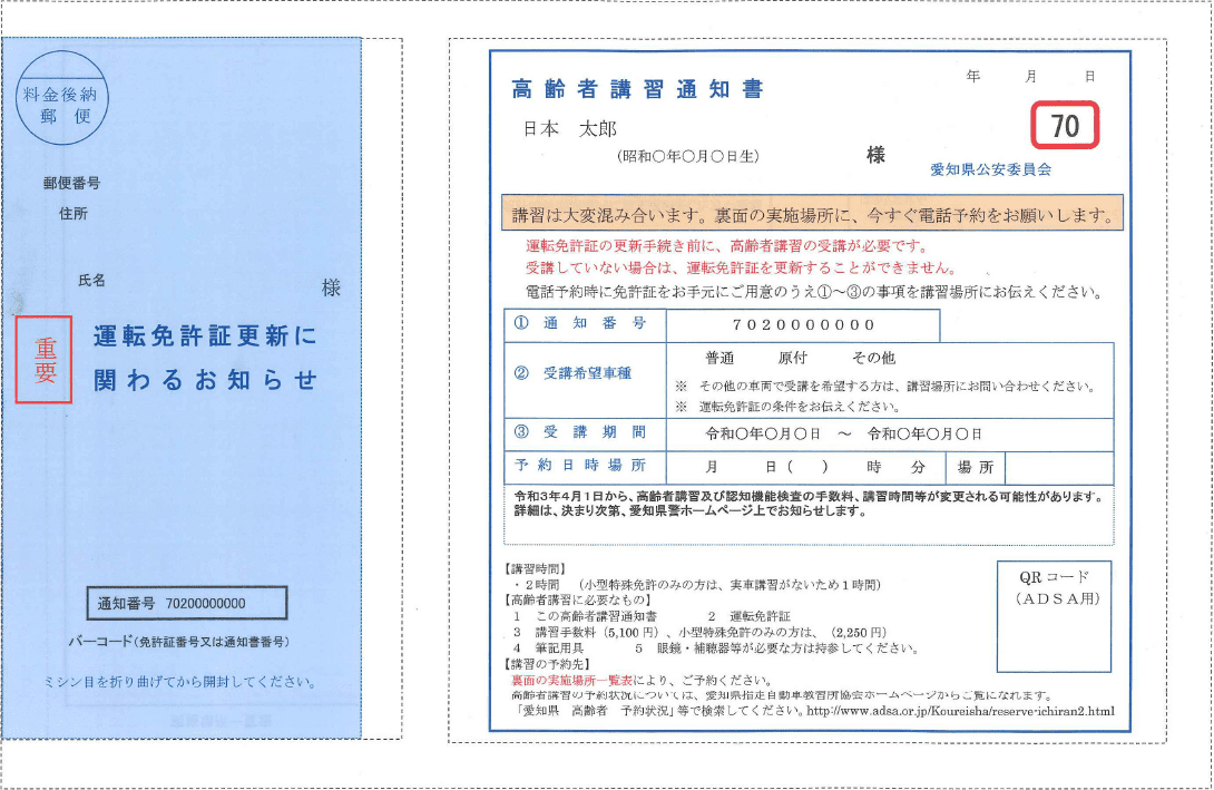運転免許証更新に関わるお知らせ 高齢者講習通知書 70