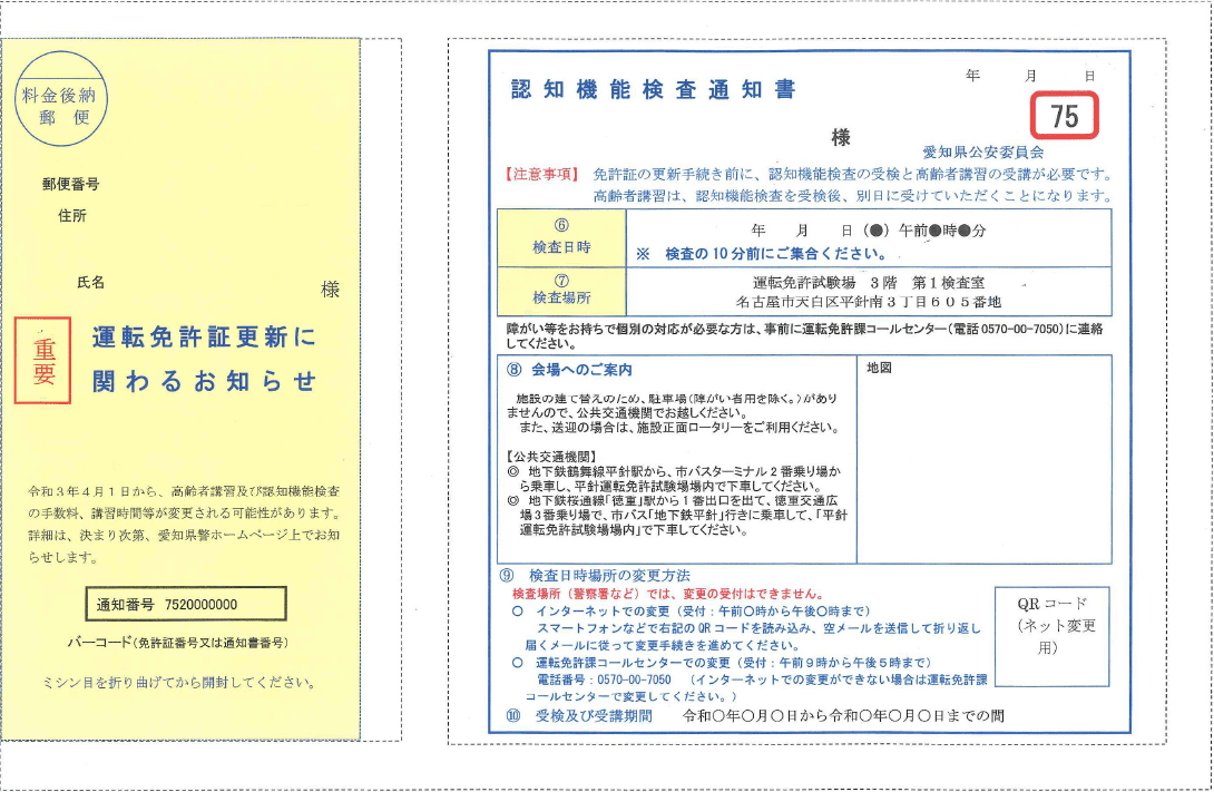 運転免許証更新に関わるお知らせ 認知機能検査通知書 75