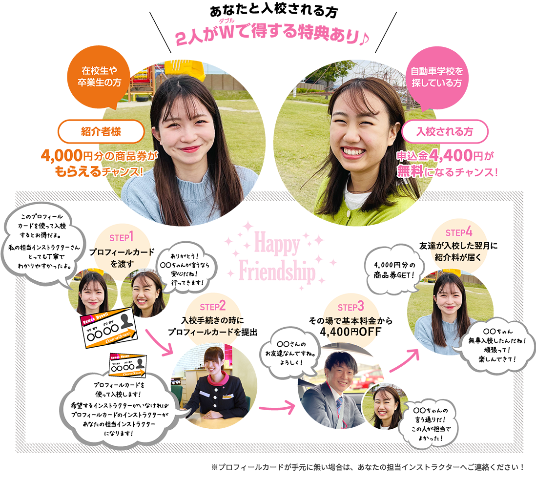 あなたと入校される方2人がダブルで得する特典あり♪ 在校生や卒業生の方(紹介者様)は4,000円分の商品券がもらえるチャンス! 自動車学校を探している方(入校される方)は申込金4,320円が無料になるチャンス! ステップ1 プロフィールカードを渡す→ステップ2 入校手続きの時にプロフィールカードを提出→ステップ3 その場で基本料金から4,400円オフ→ステップ4 友達が入校した翌月に紹介料が届く ※プロフィールカードが手元に無い場合は、あなたの担当インストラクターへご連絡ください!